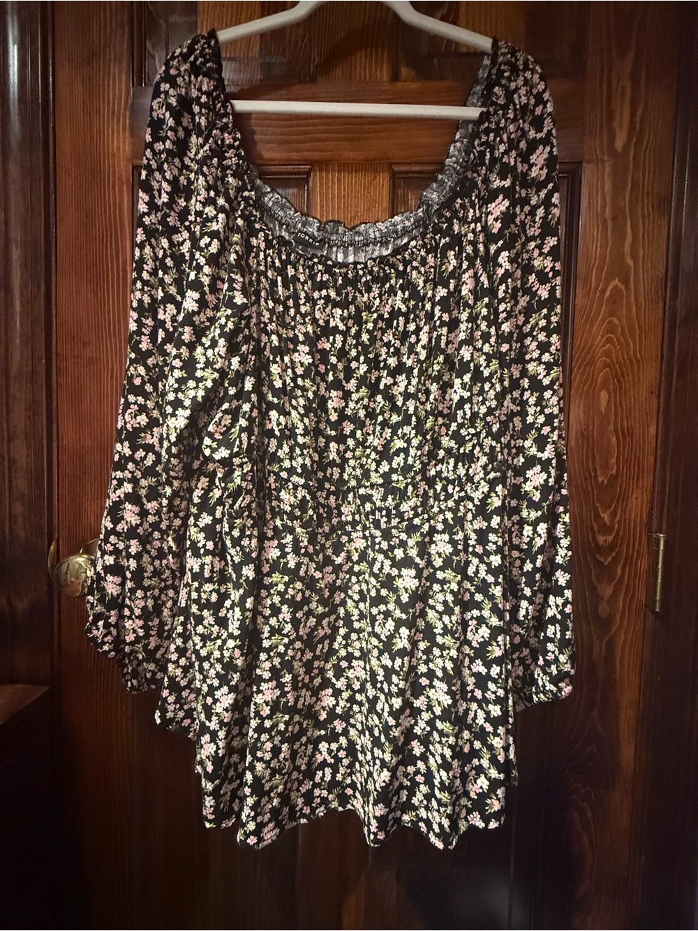 torrid Black Floral Smocked Neck Peasant Blouse with Pink & Cream Accents